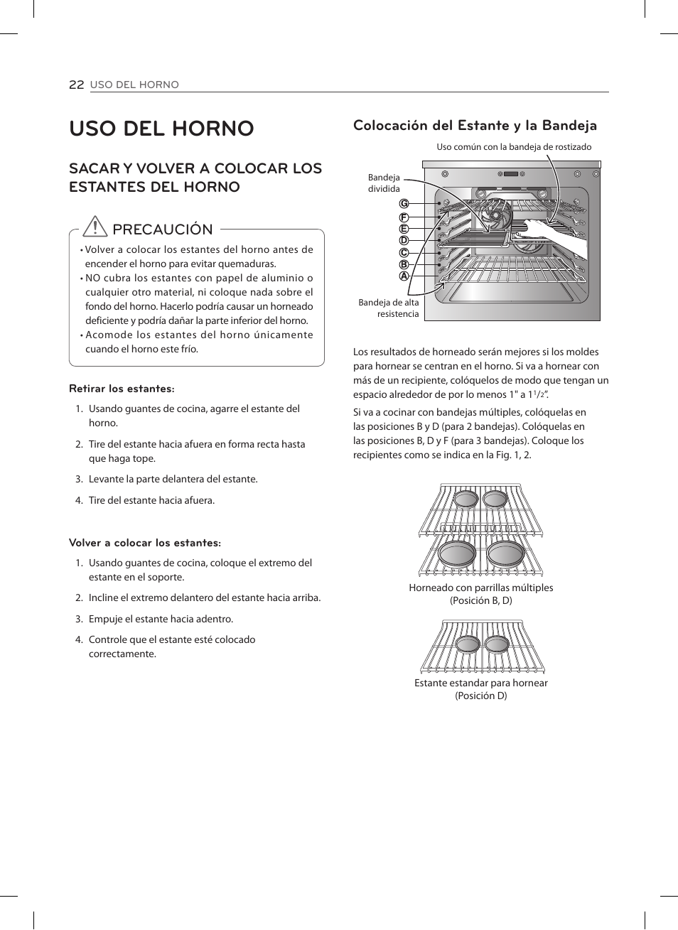 Uso del horno, Sacar y volver a colocar los estantes del horno, Precaución | Colocación del estante y la bandeja | LG LSES302ST User Manual | Page 67 / 93