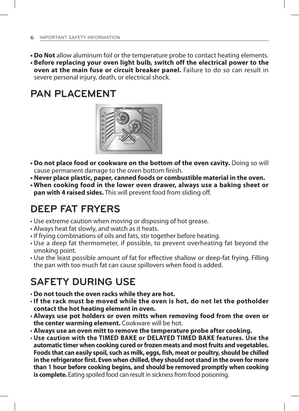 Pan placement, Deep fat fryers, Safety during use | LG LSES302ST User Manual | Page 7 / 93