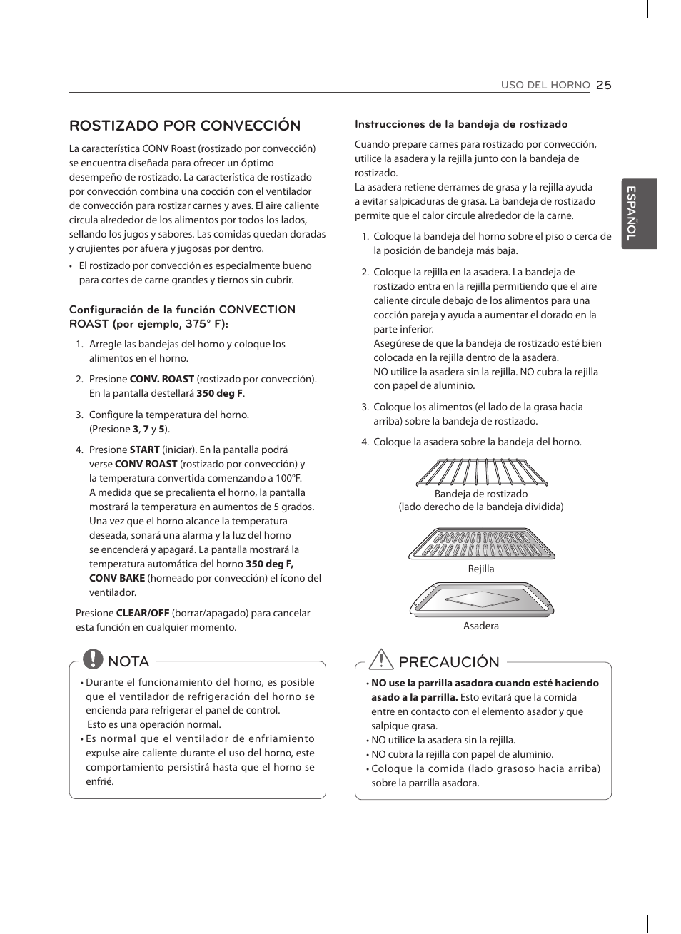 Rostizado por convección, Nota, Precaución | LG LSES302ST User Manual | Page 70 / 93