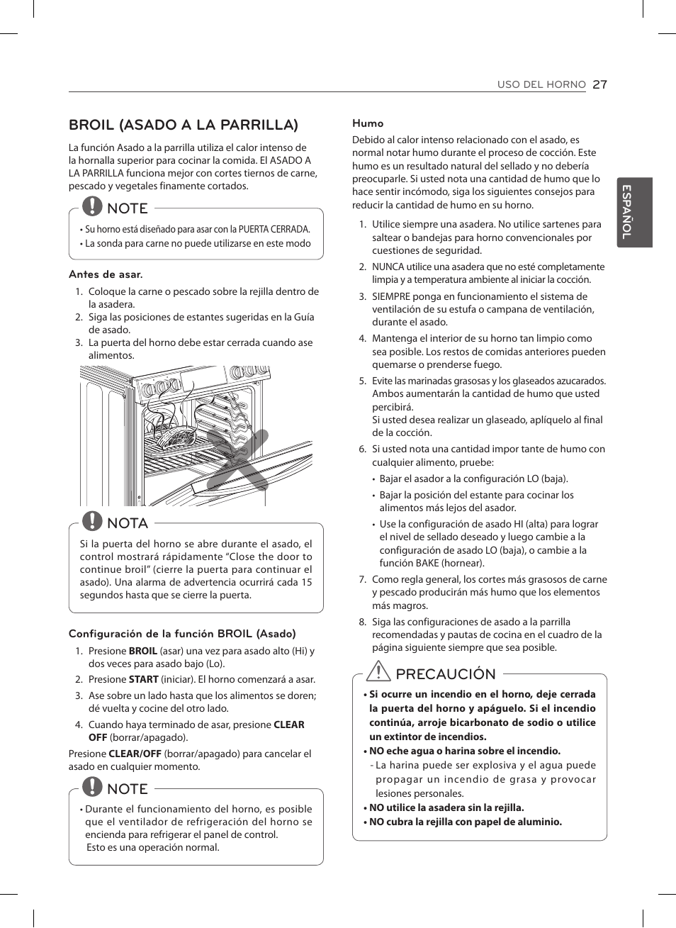 Broil (asado a la parrilla), Nota, Precaución | LG LSES302ST User Manual | Page 72 / 93