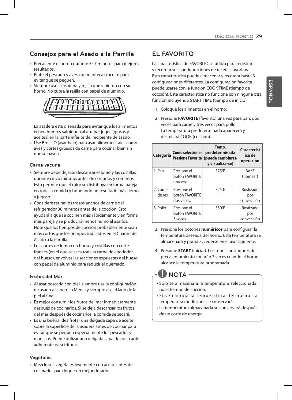 Consejos para el asado a la parrilla, El favorito, Nota | LG LSES302ST User Manual | Page 74 / 93