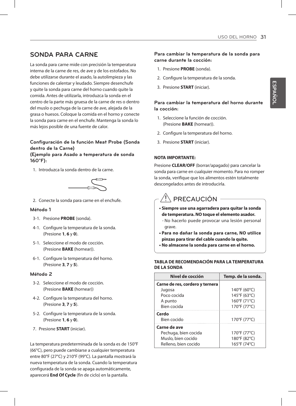 Sonda para carne, Precaución | LG LSES302ST User Manual | Page 76 / 93