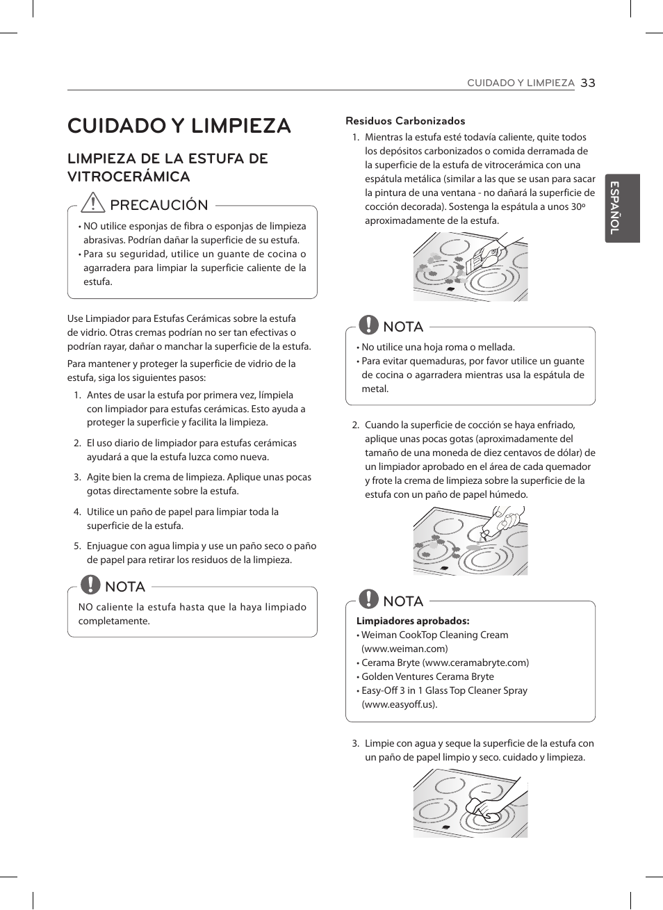 Cuidado y limpieza, Limpieza de la estufa de vitrocerámica, Precaución | Nota | LG LSES302ST User Manual | Page 78 / 93