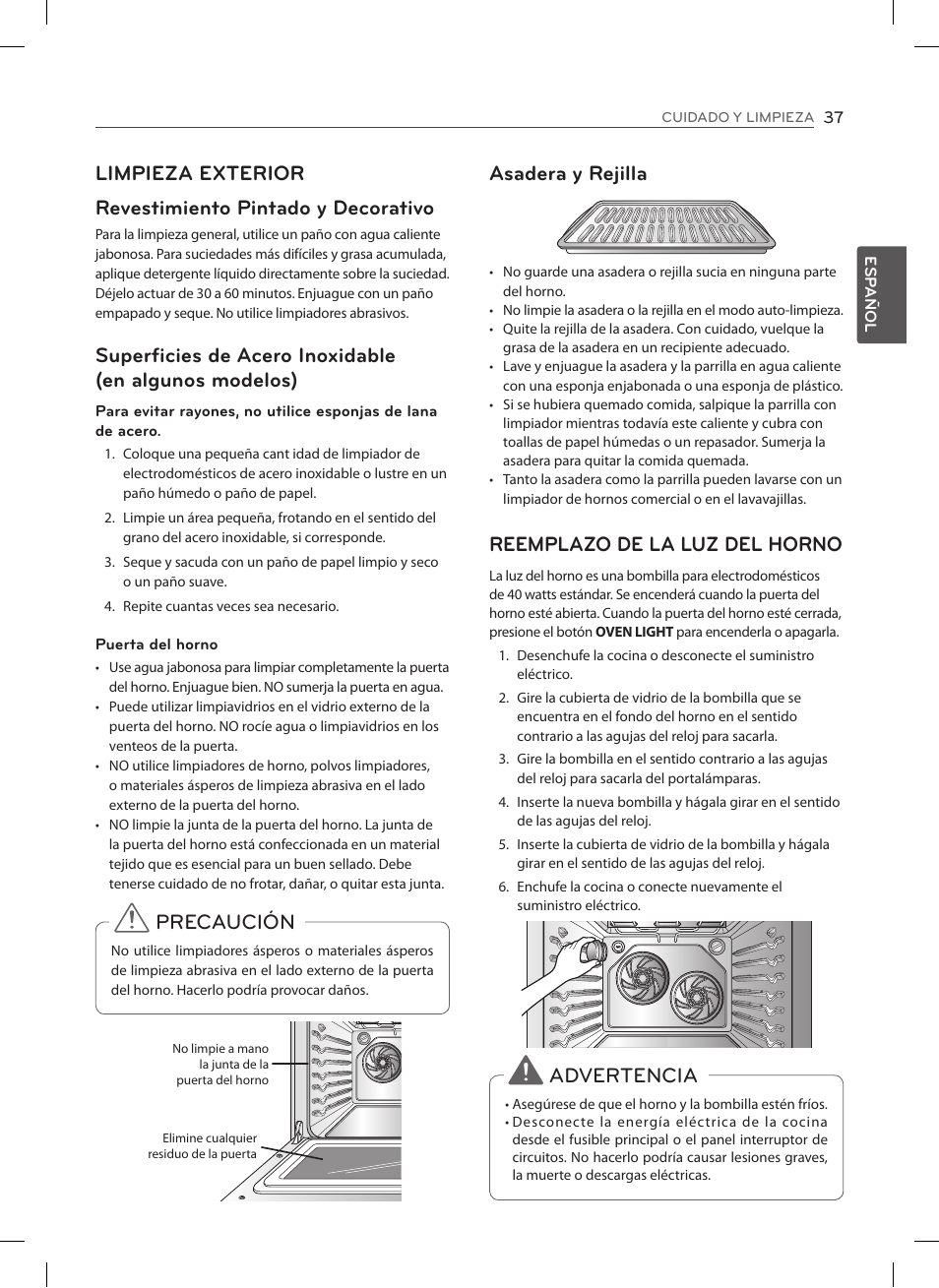 Precaución, Asadera y rejilla, Reemplazo de la luz del horno | Advertencia | LG LSES302ST User Manual | Page 82 / 93