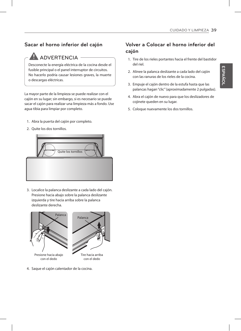 Sacar el horno inferior del cajón, Advertencia, Volver a colocar el horno inferior del cajón | LG LSES302ST User Manual | Page 84 / 93