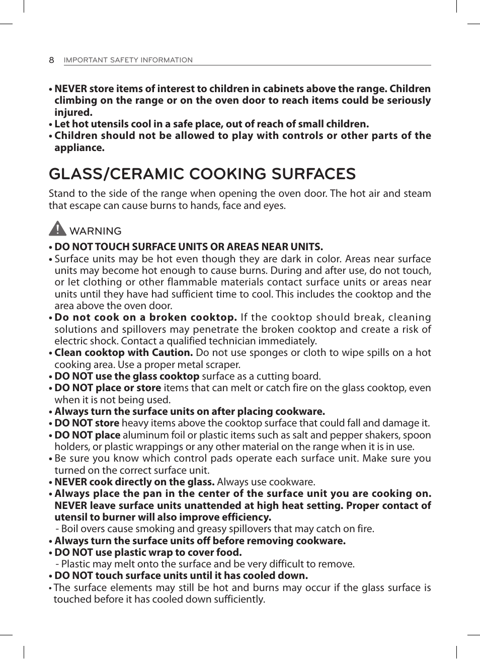 Glass/ceramic cooking surfaces | LG LSES302ST User Manual | Page 9 / 93