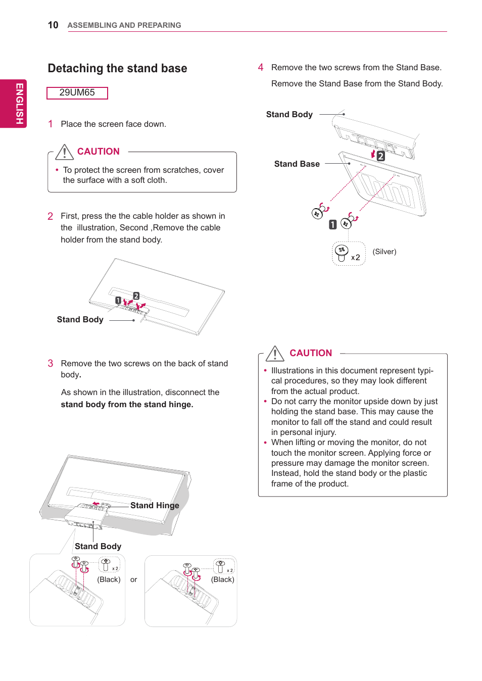 Detaching the stand base | LG 29UM65-P User Manual | Page 10 / 37