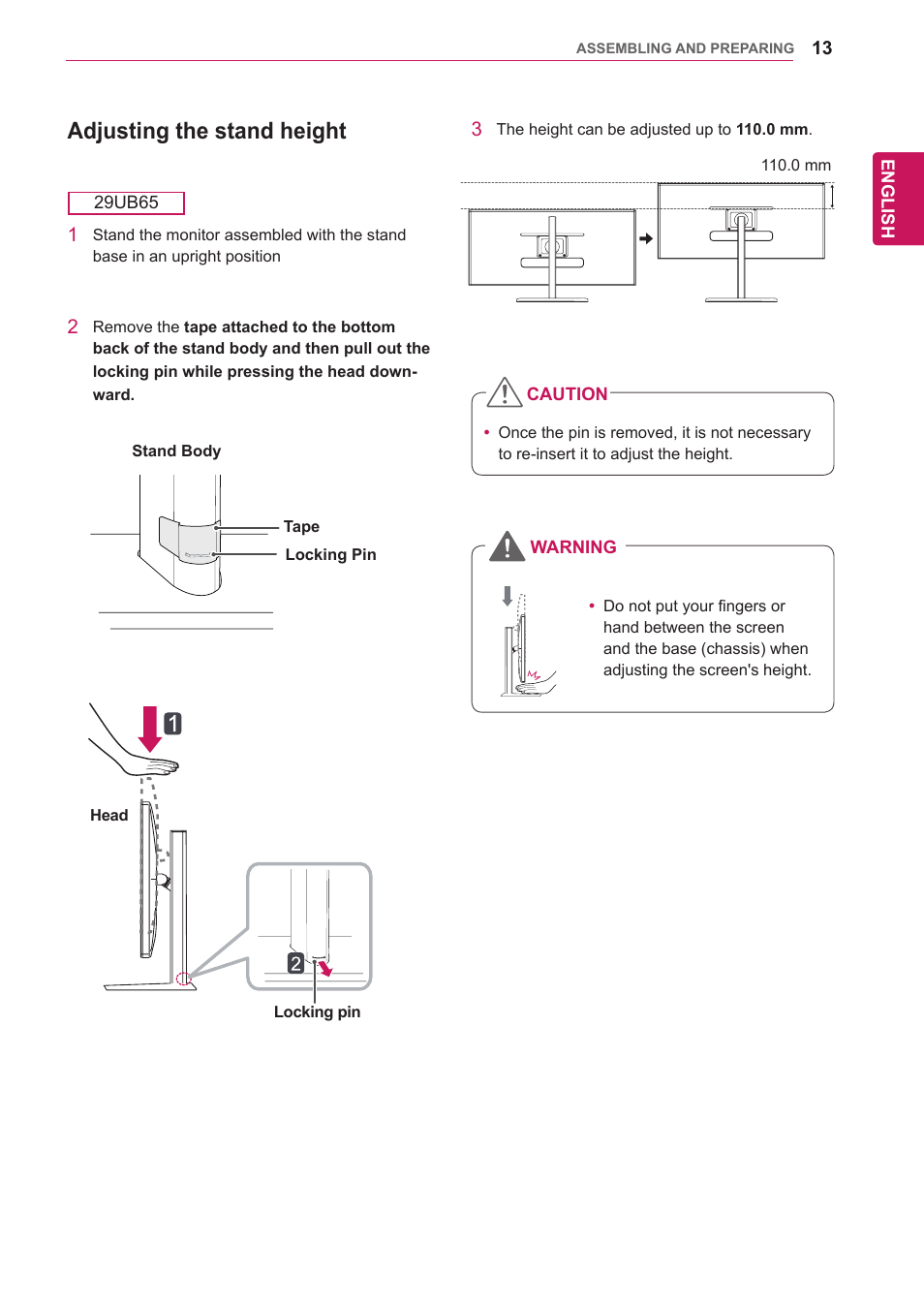 Adjusting the stand height | LG 29UM65-P User Manual | Page 13 / 37