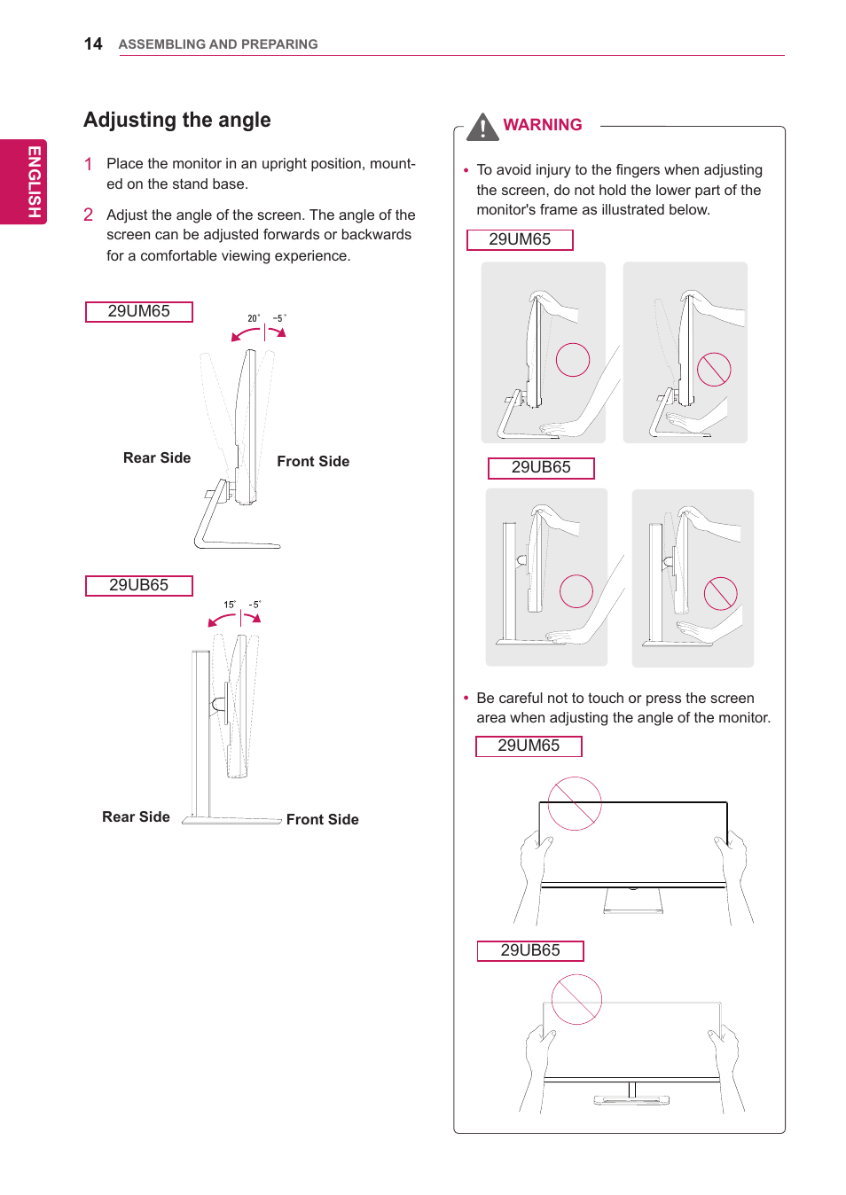 Adjusting the angle | LG 29UM65-P User Manual | Page 14 / 37