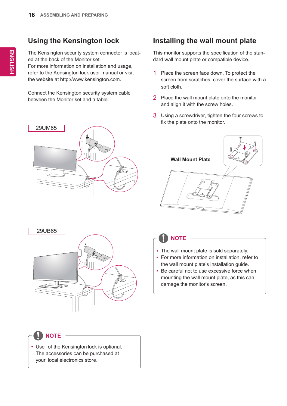 Using the kensington lock, Installing the wall mount plate | LG 29UM65-P User Manual | Page 16 / 37