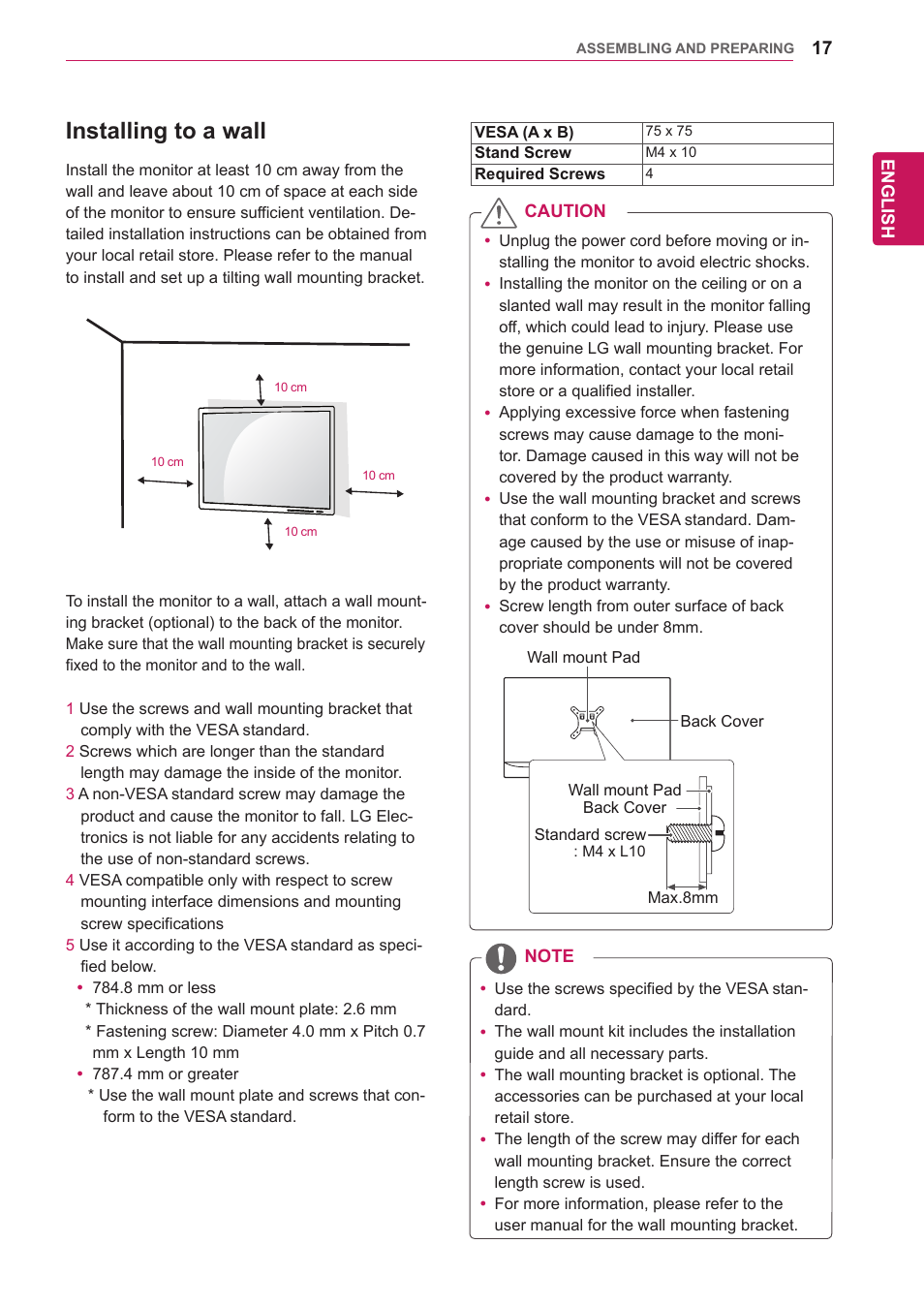 Installing to a wall | LG 29UM65-P User Manual | Page 17 / 37