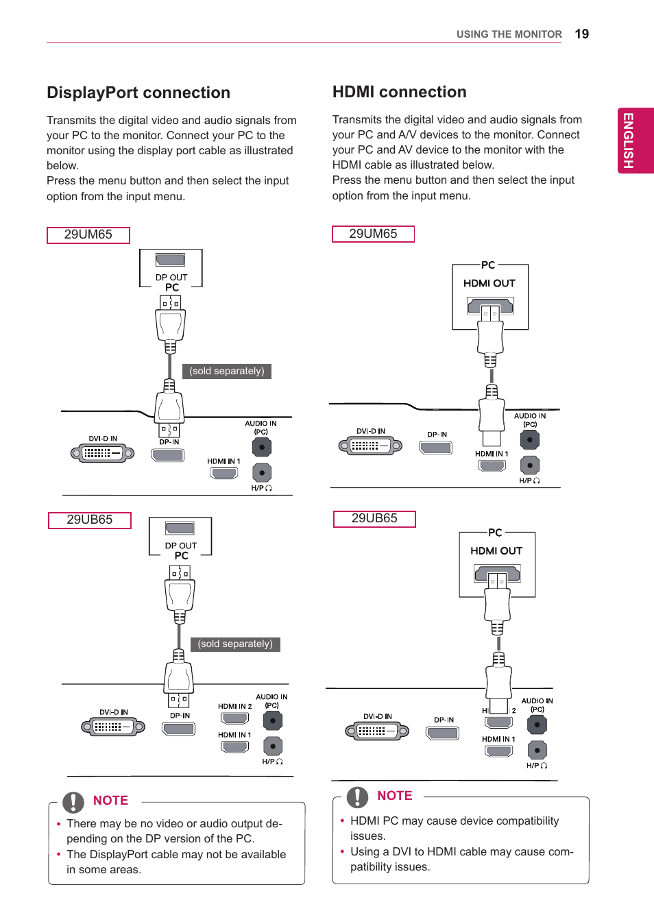 Displayport connection, Hdmi connection | LG 29UM65-P User Manual | Page 19 / 37