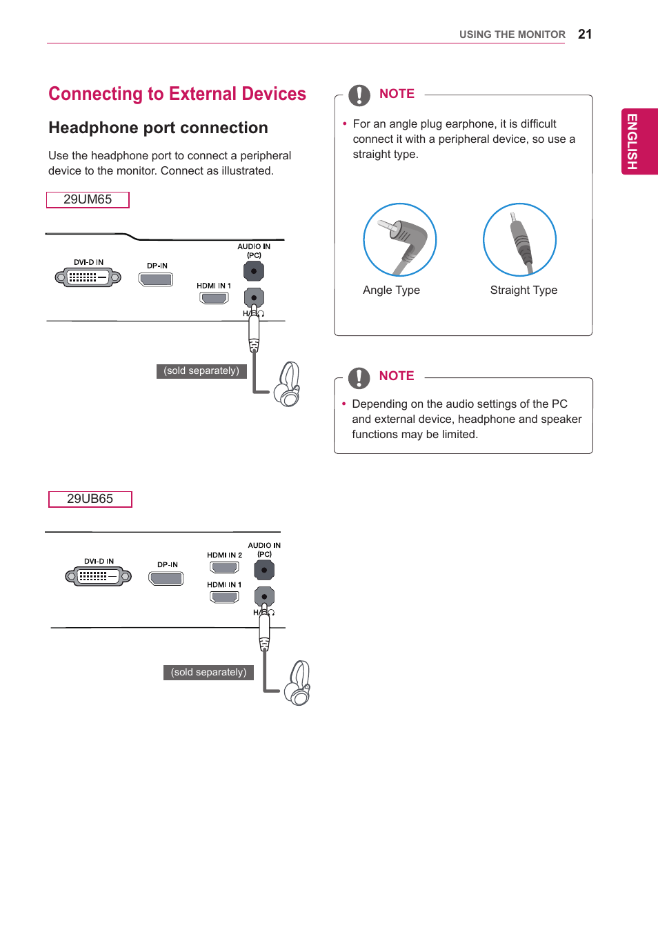 Connecting to external devices, Headphone port connection | LG 29UM65-P User Manual | Page 21 / 37