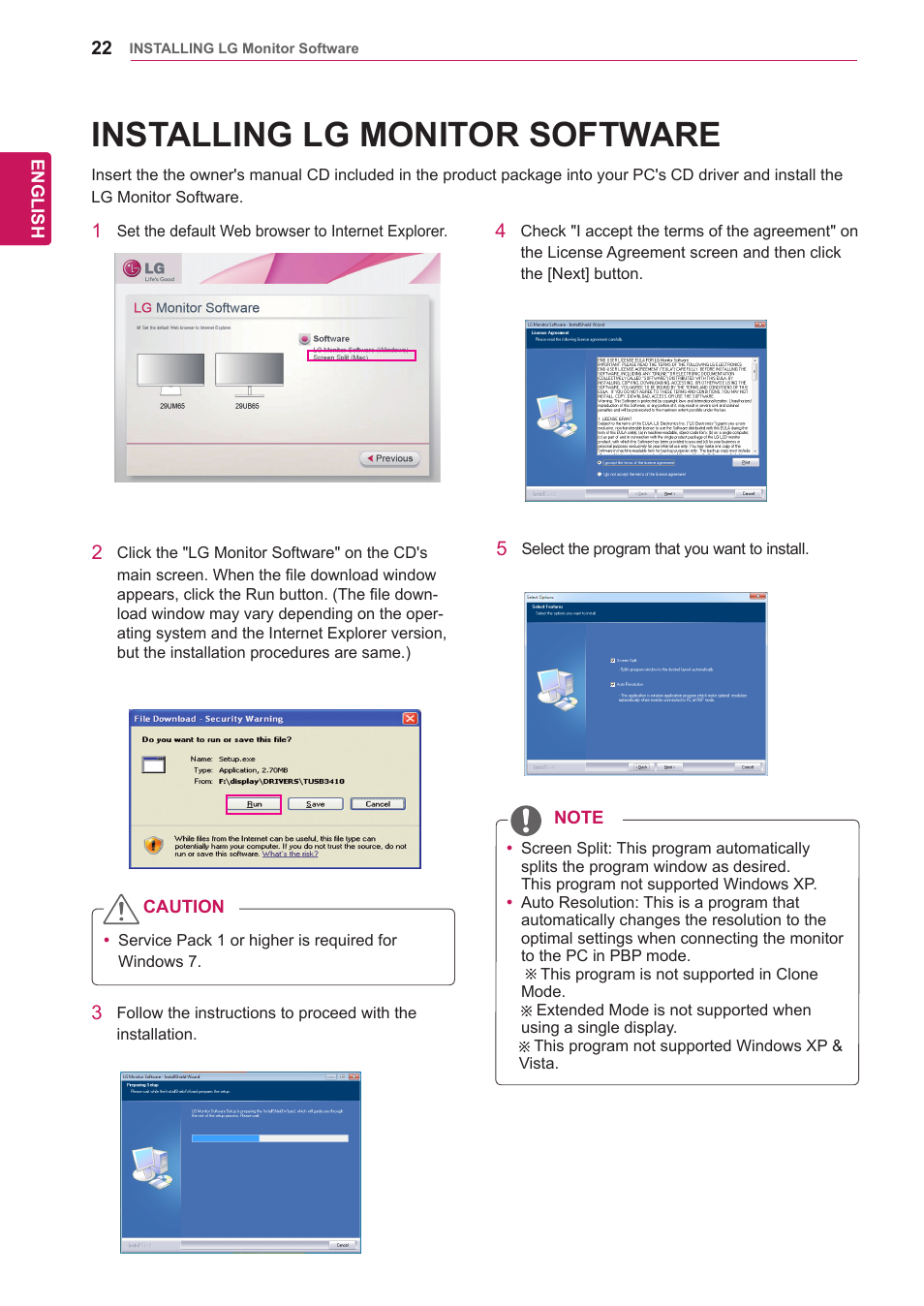 Installing lg monitor software, Installing lg monitor, Software | LG 29UM65-P User Manual | Page 22 / 37