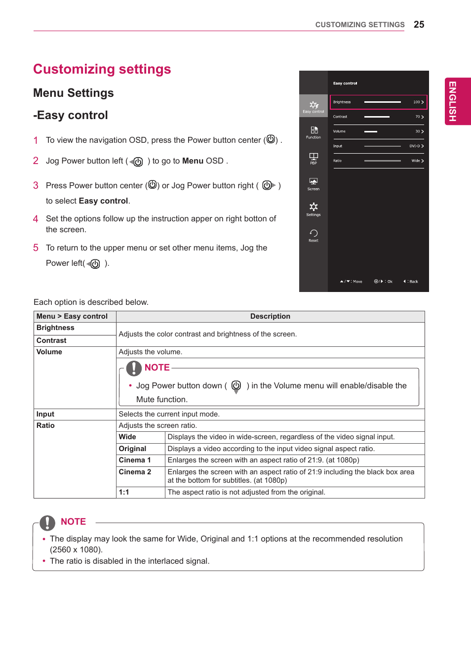 Customizing settings, Menu settings, Easy control | Menu settings -easy control | LG 29UM65-P User Manual | Page 25 / 37