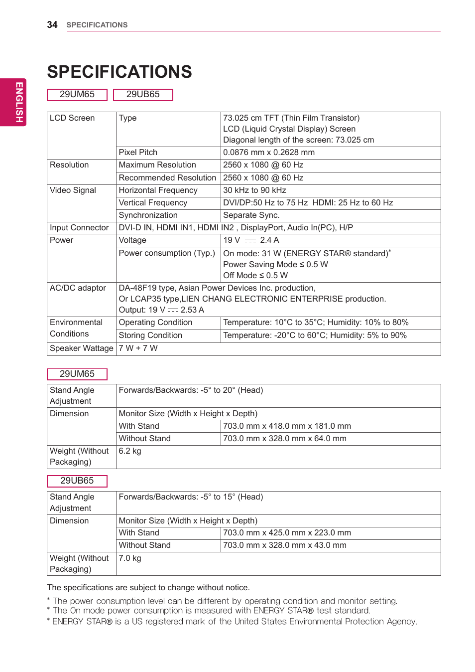 Specifications | LG 29UM65-P User Manual | Page 34 / 37