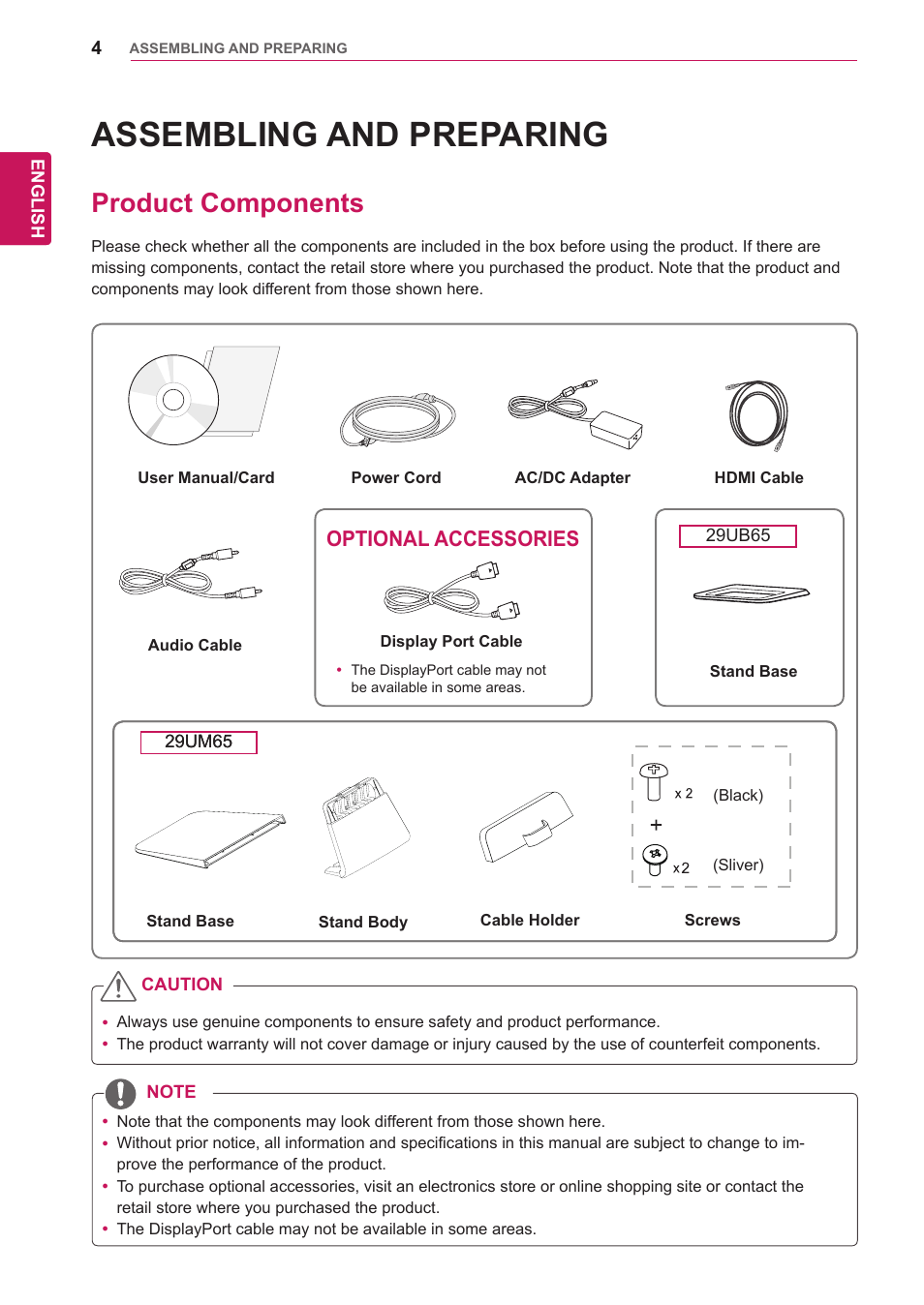 Assembling and preparing, Product components, Assembling and | Preparing, Optional accessories | LG 29UM65-P User Manual | Page 4 / 37