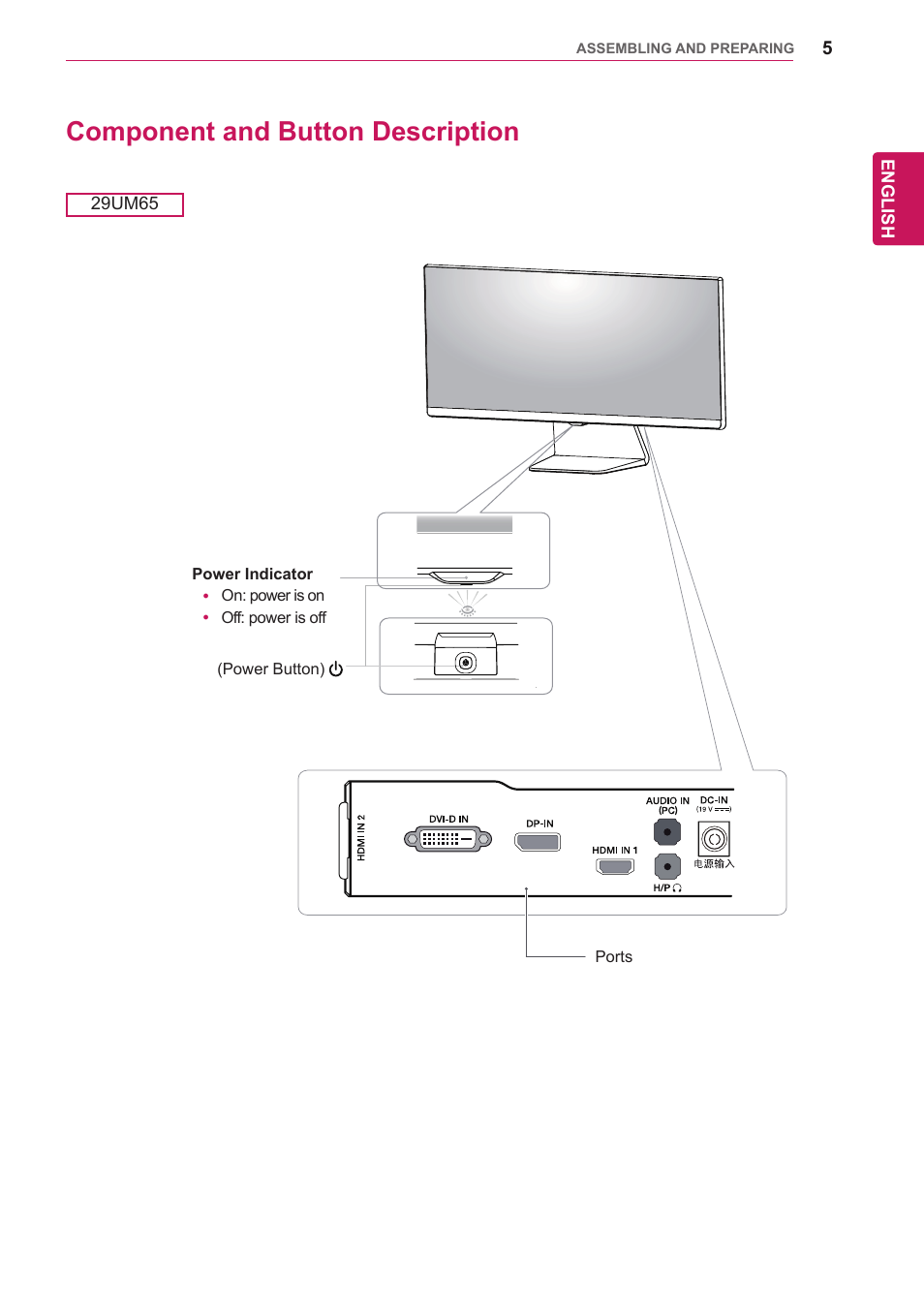Component and button description | LG 29UM65-P User Manual | Page 5 / 37