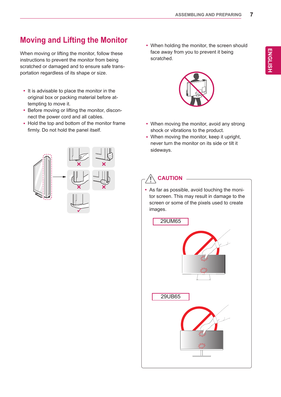 Moving and lifting the monitor | LG 29UM65-P User Manual | Page 7 / 37