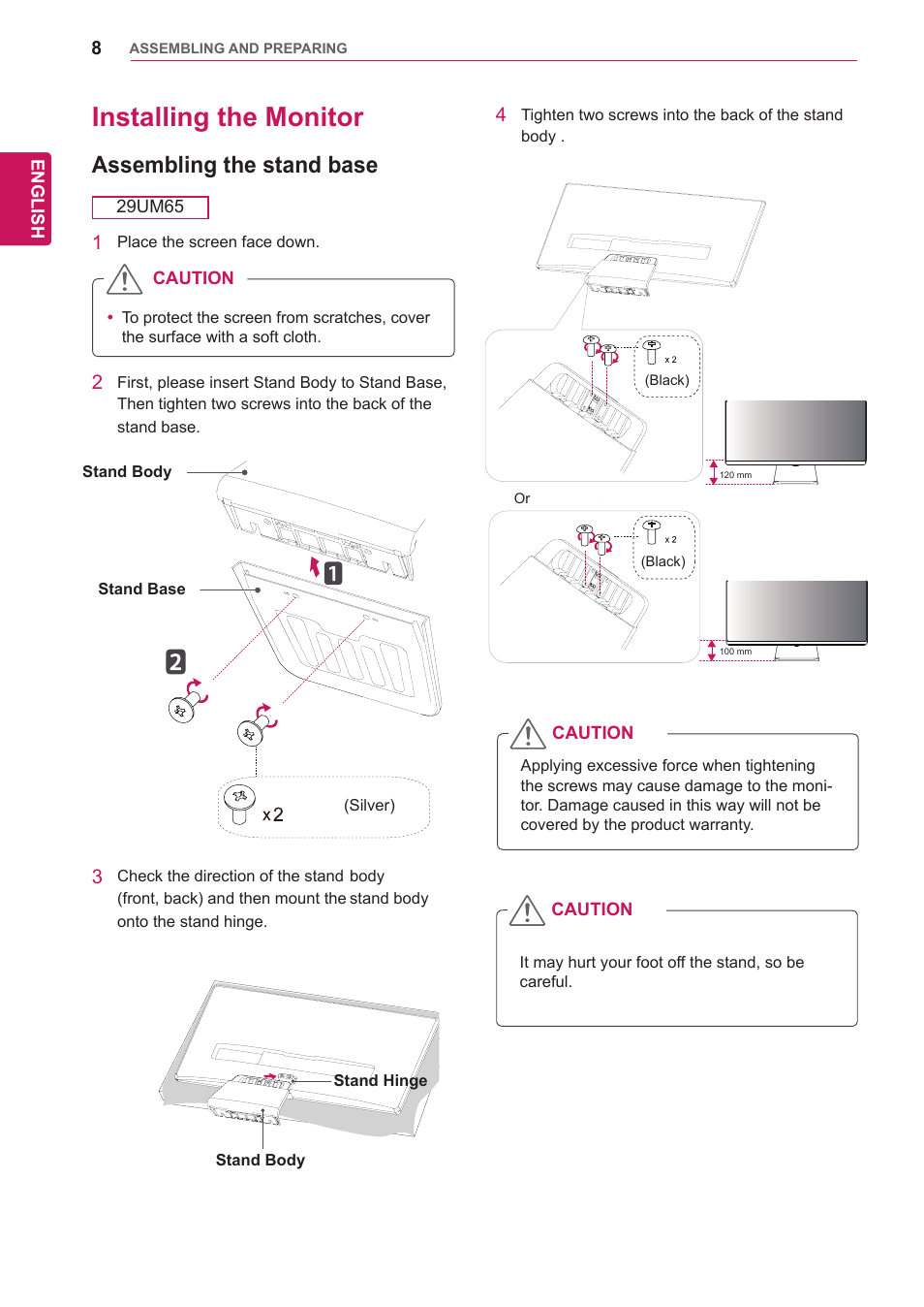 Installing the monitor, Assembling the stand base | LG 29UM65-P User Manual | Page 8 / 37