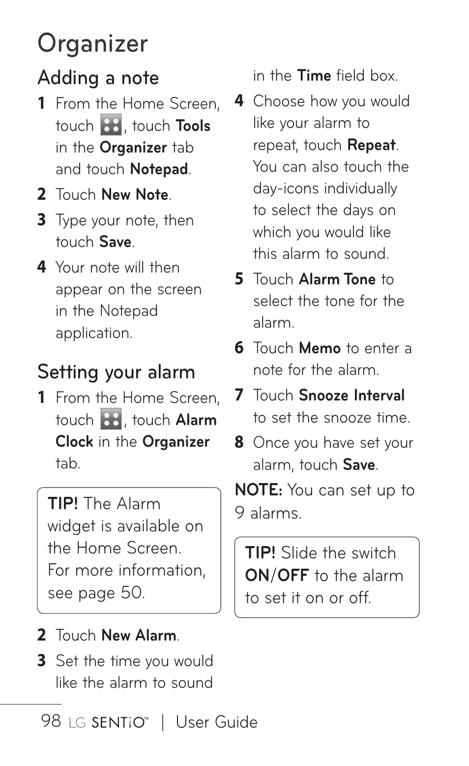 Organizer, Setting your alarm | LG GS505NV User Manual | Page 100 / 253