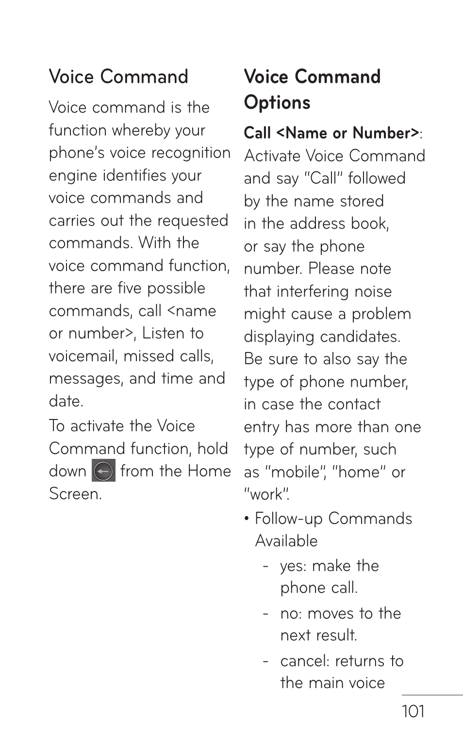 Voice command, Voice command options | LG GS505NV User Manual | Page 103 / 253