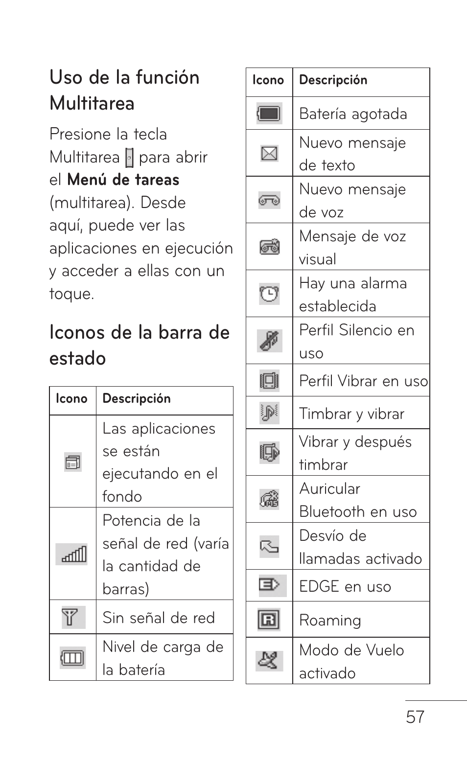 Uso de la función multitarea, Iconos de la barra de estado | LG GS505NV User Manual | Page 178 / 253