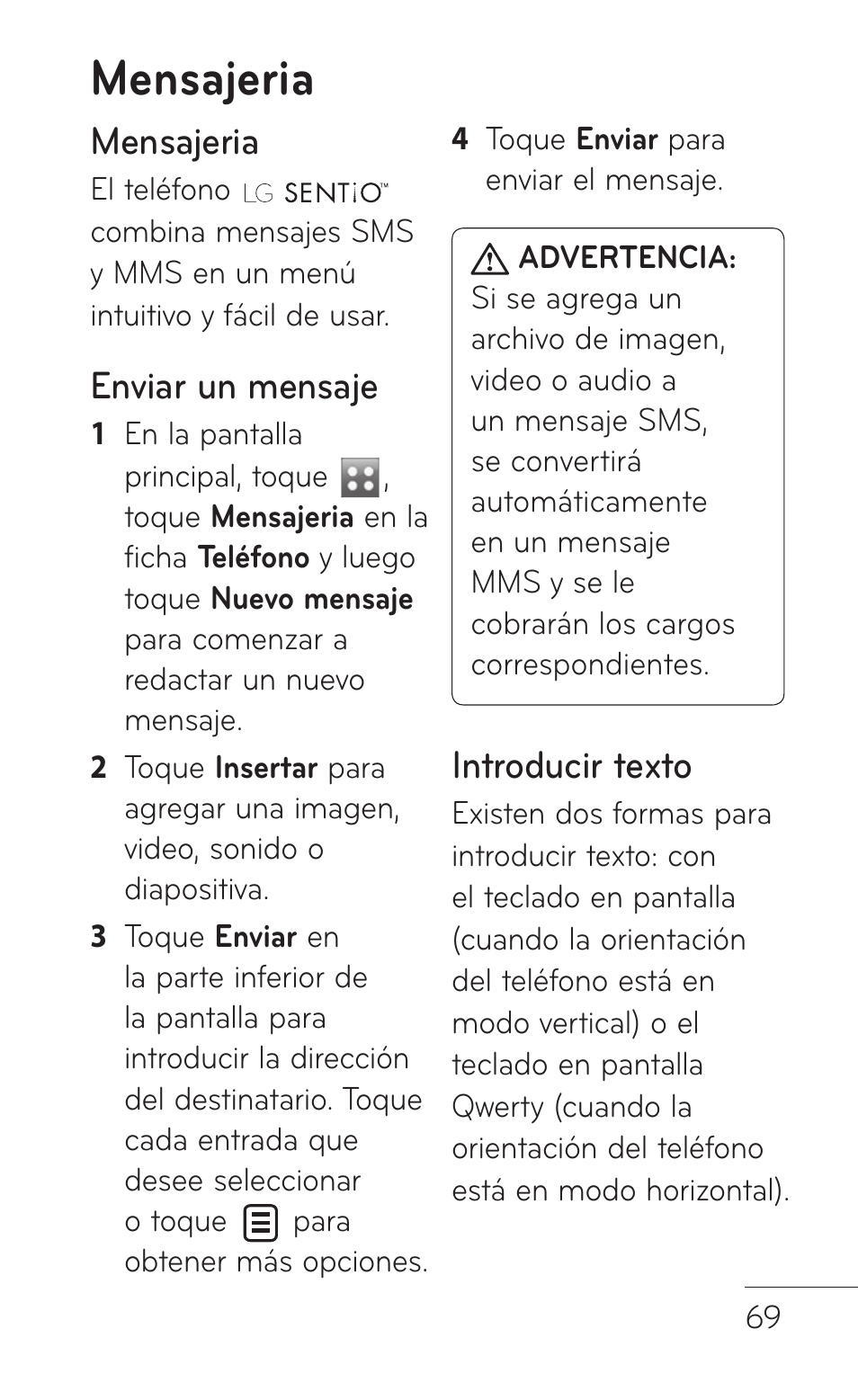 Mensajeria, Enviar un mensaje, Introducir texto | LG GS505NV User Manual | Page 190 / 253