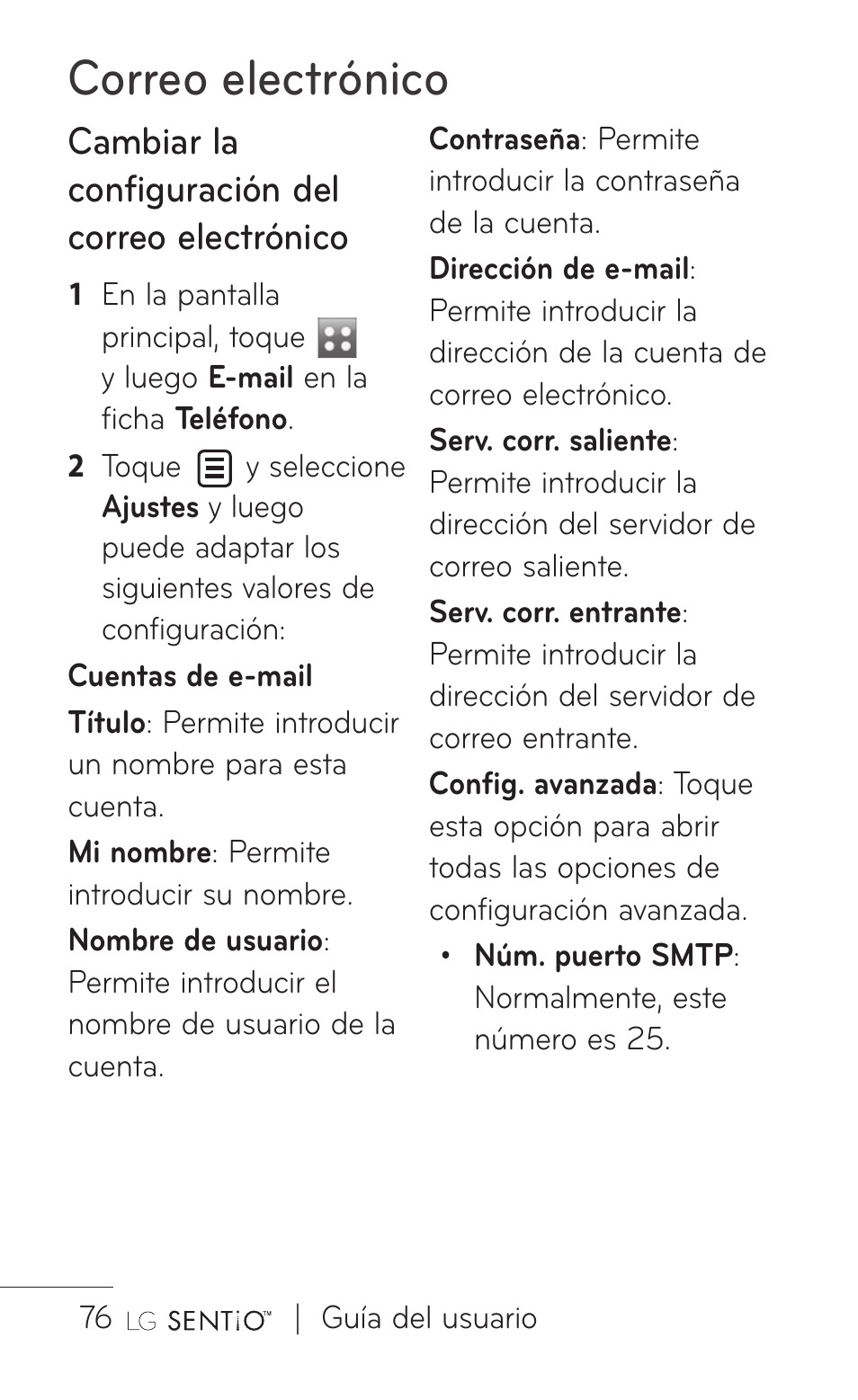 Correo electrónico, Cambiar la configuración del correo electrónico | LG GS505NV User Manual | Page 197 / 253