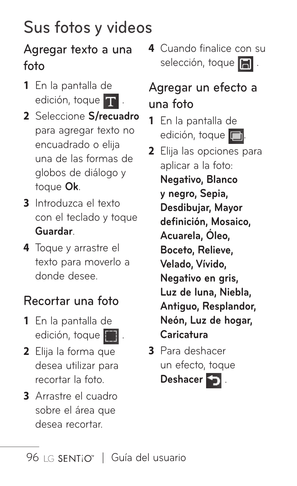 Sus fotos y videos, Agregar texto a una foto, Recortar una foto | Agregar un efecto a una foto | LG GS505NV User Manual | Page 217 / 253