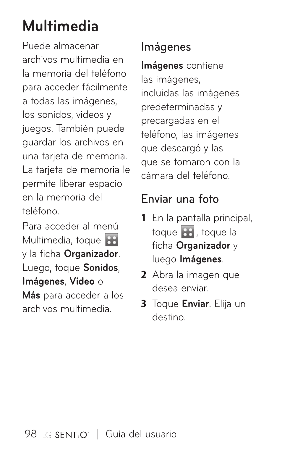 Multimedia, Imágenes, Enviar una foto | LG GS505NV User Manual | Page 219 / 253