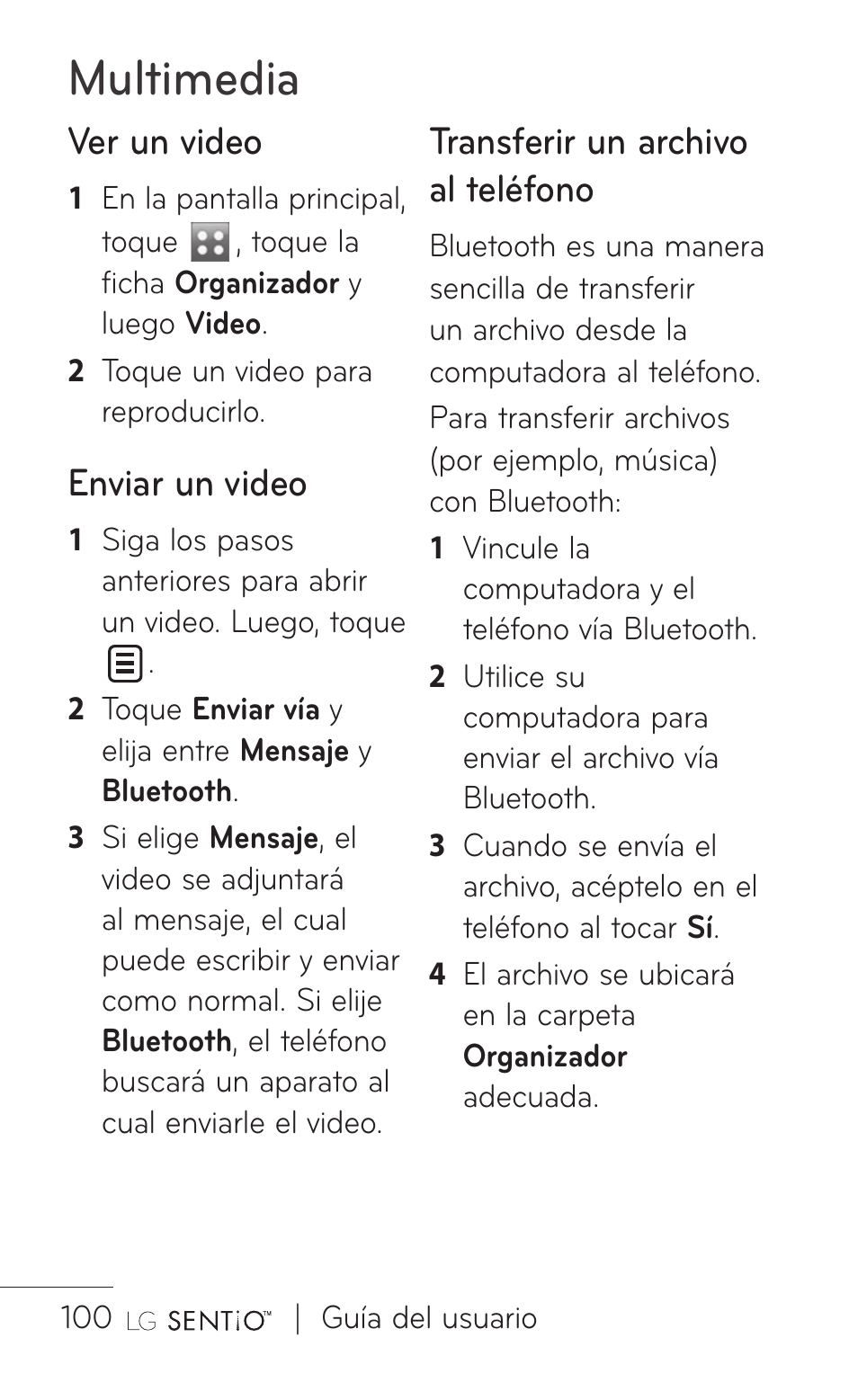 Multimedia, Ver un video, Enviar un video | Transferir un archivo al teléfono | LG GS505NV User Manual | Page 221 / 253