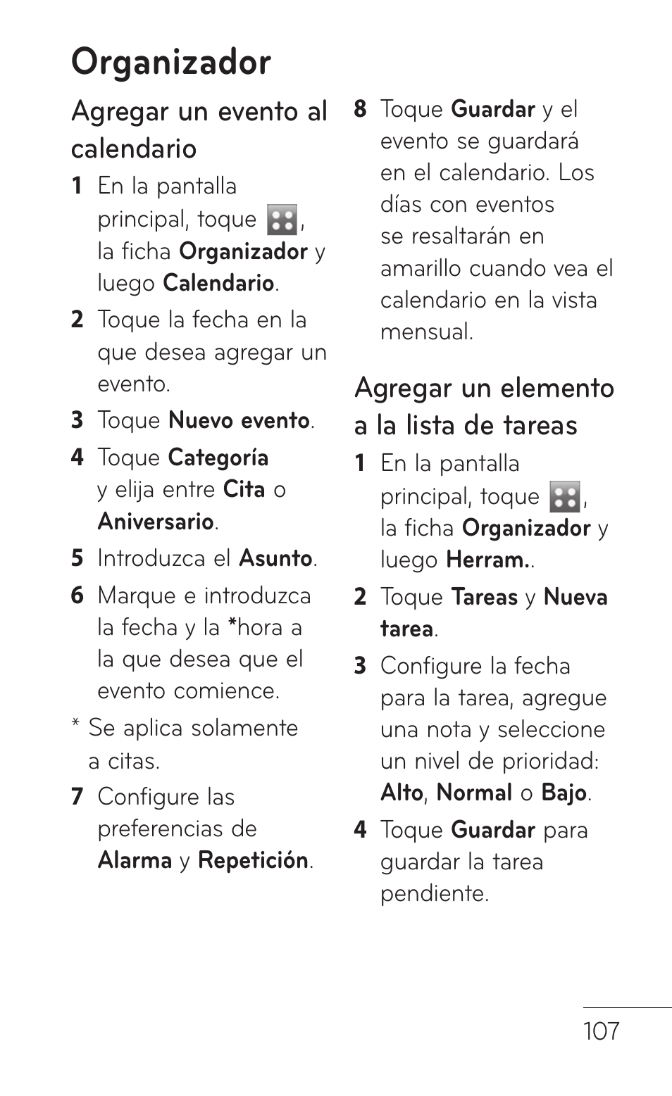 Organizador, Agregar un evento al calendario, Agregar un elemento a la lista de tareas | LG GS505NV User Manual | Page 228 / 253