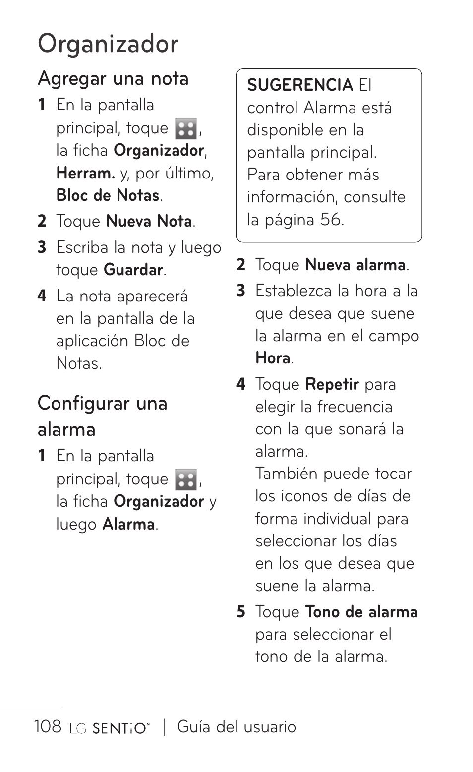 Organizador, Agregar una nota, Configurar una alarma | LG GS505NV User Manual | Page 229 / 253