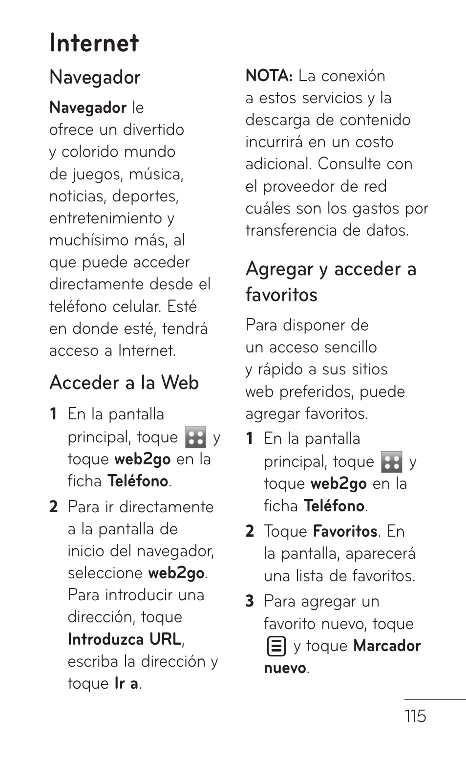 Internet, Navegador, Acceder a la web | Agregar y acceder a favoritos | LG GS505NV User Manual | Page 236 / 253