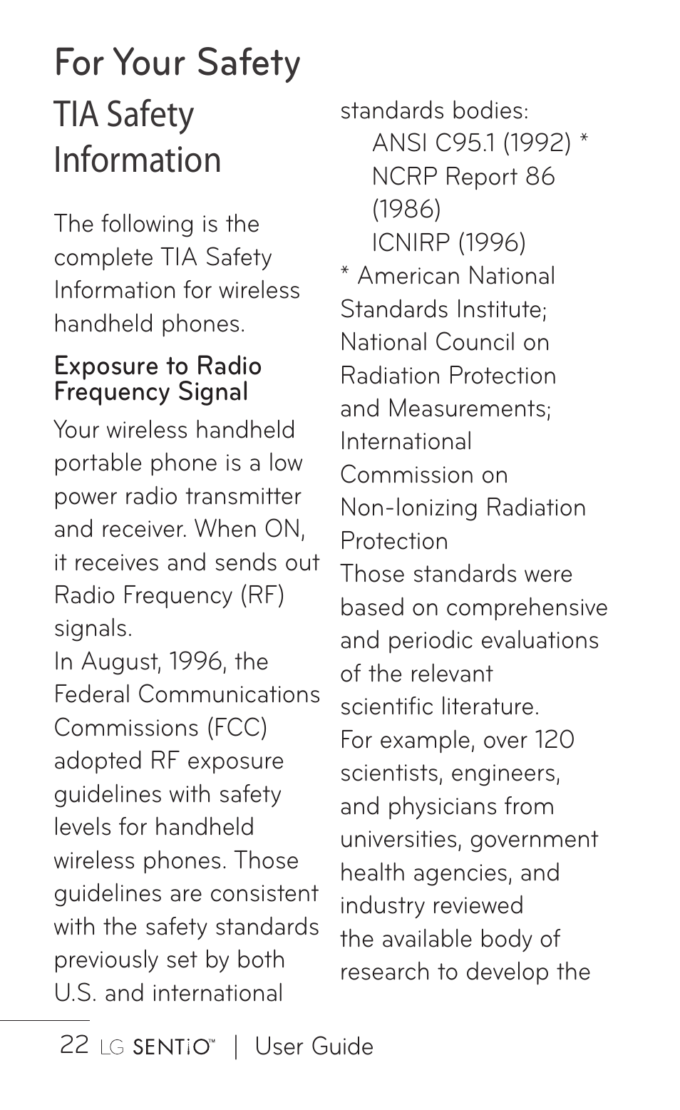 For your safety, Tia safety information | LG GS505NV User Manual | Page 24 / 253