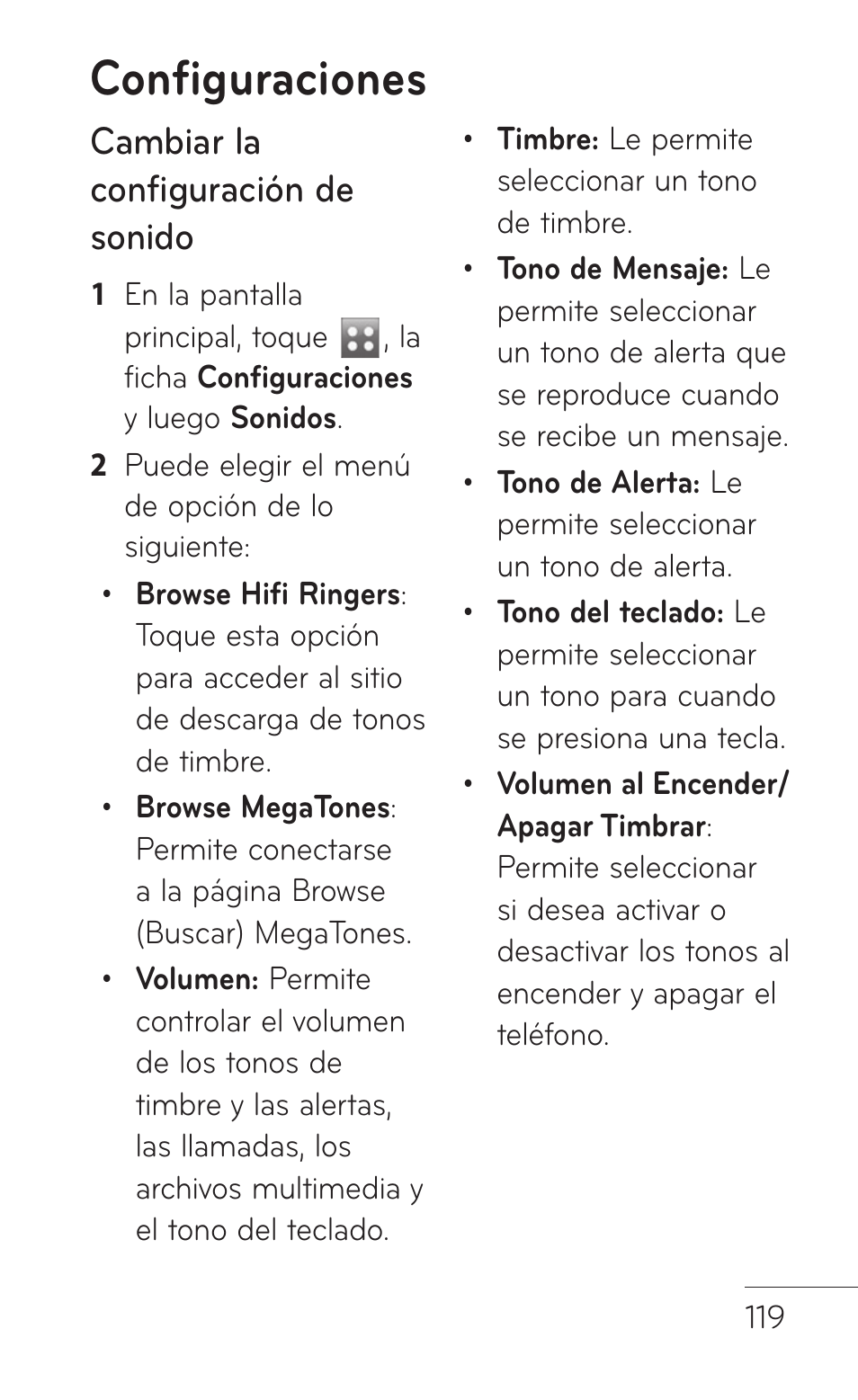 Configuraciones, Cambiar la configuración de sonido | LG GS505NV User Manual | Page 240 / 253