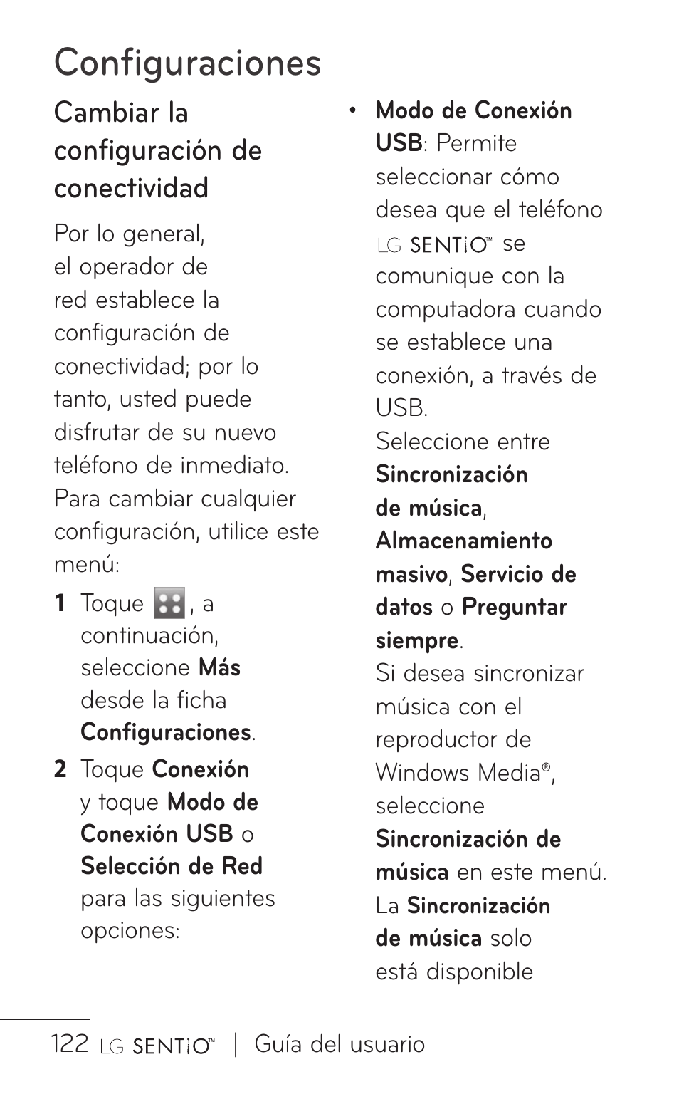 Configuraciones, Cambiar la configuración de conectividad | LG GS505NV User Manual | Page 243 / 253