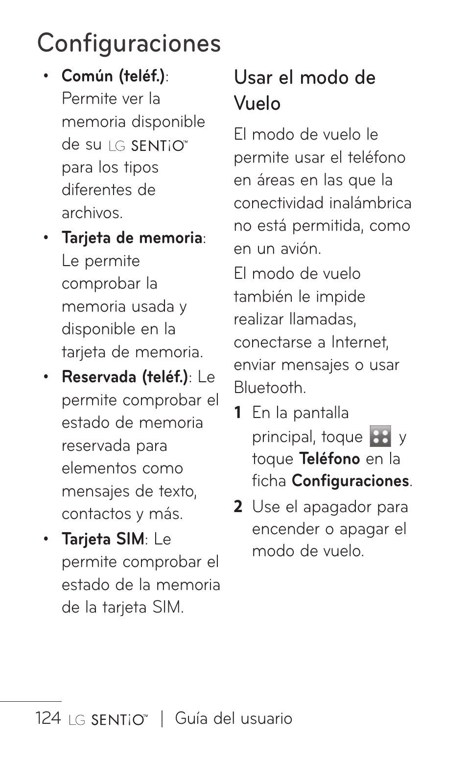 Configuraciones, Usar el modo de vuelo | LG GS505NV User Manual | Page 245 / 253