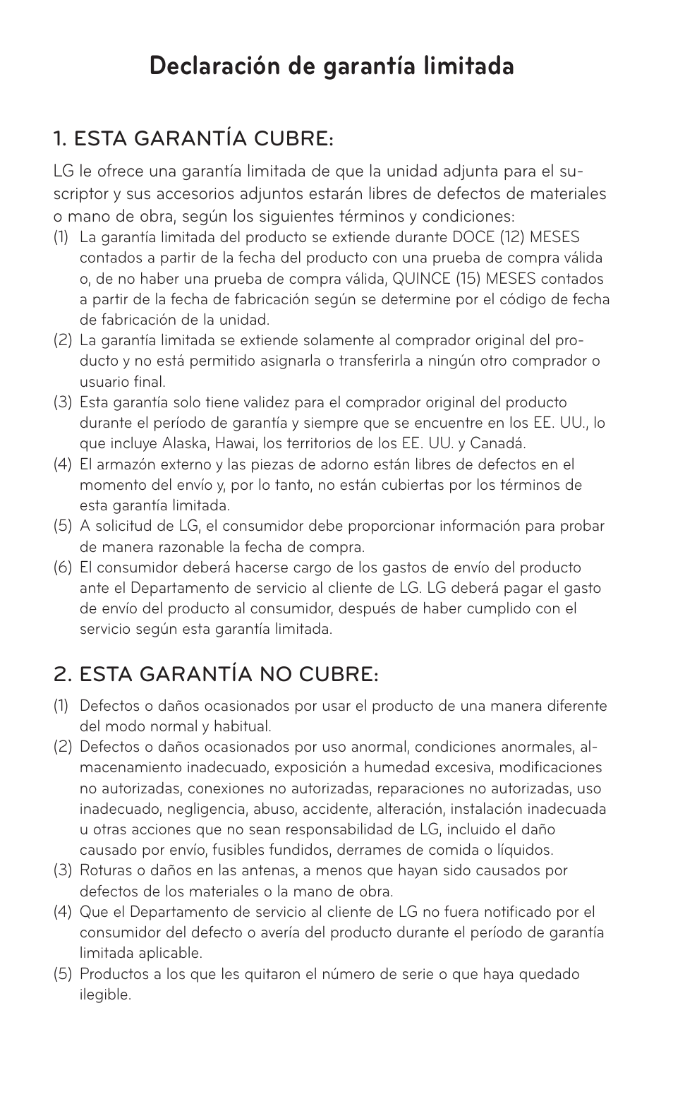 Declaración de garantía limitada, Esta garantía cubre, Esta garantía no cubre | LG GS505NV User Manual | Page 251 / 253