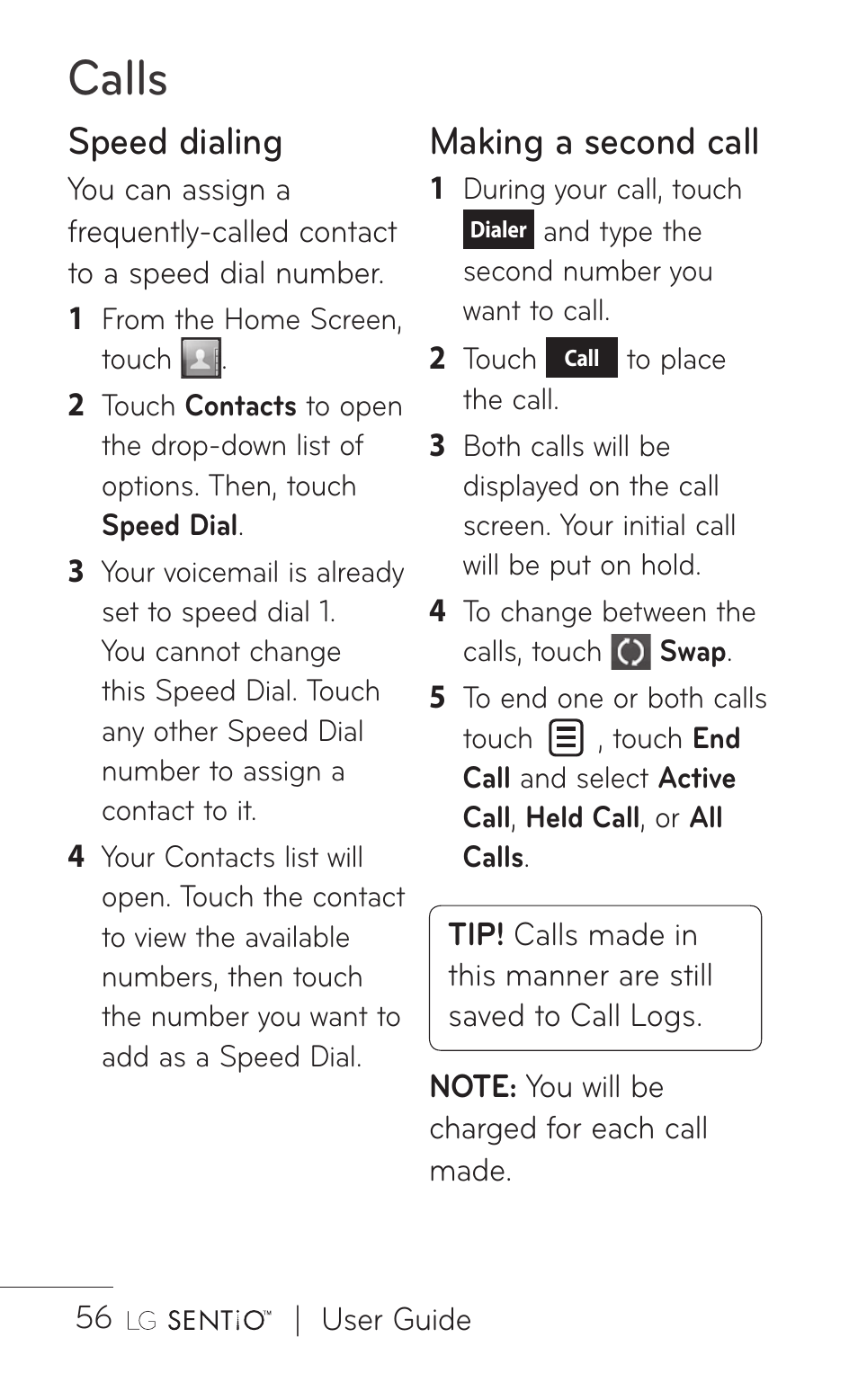 Calls, Speed dialing, Making a second call | LG GS505NV User Manual | Page 58 / 253