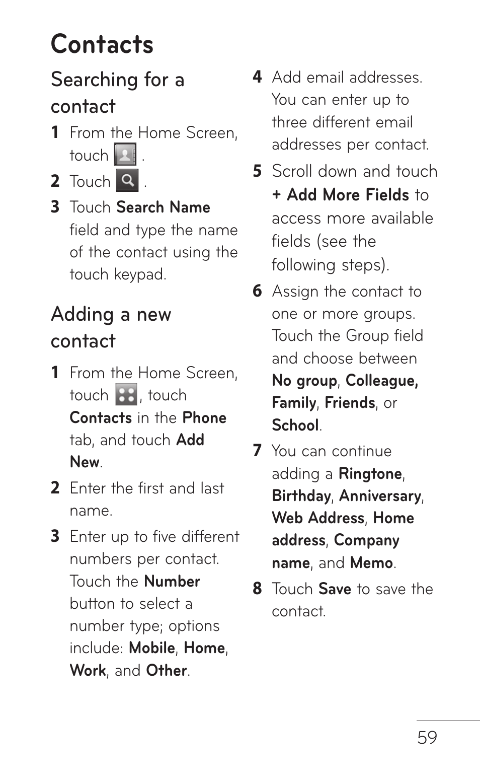 Contacts, Searching for a contact, Adding a new contact | LG GS505NV User Manual | Page 61 / 253