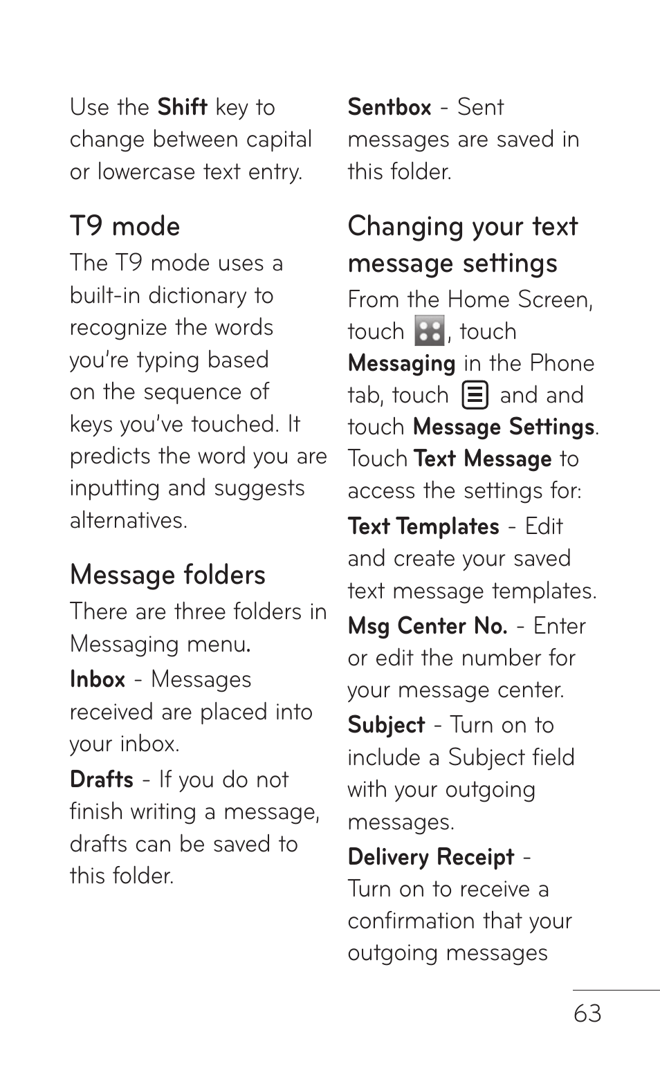 T9 mode, Message folders, Changing your text message settings | LG GS505NV User Manual | Page 65 / 253