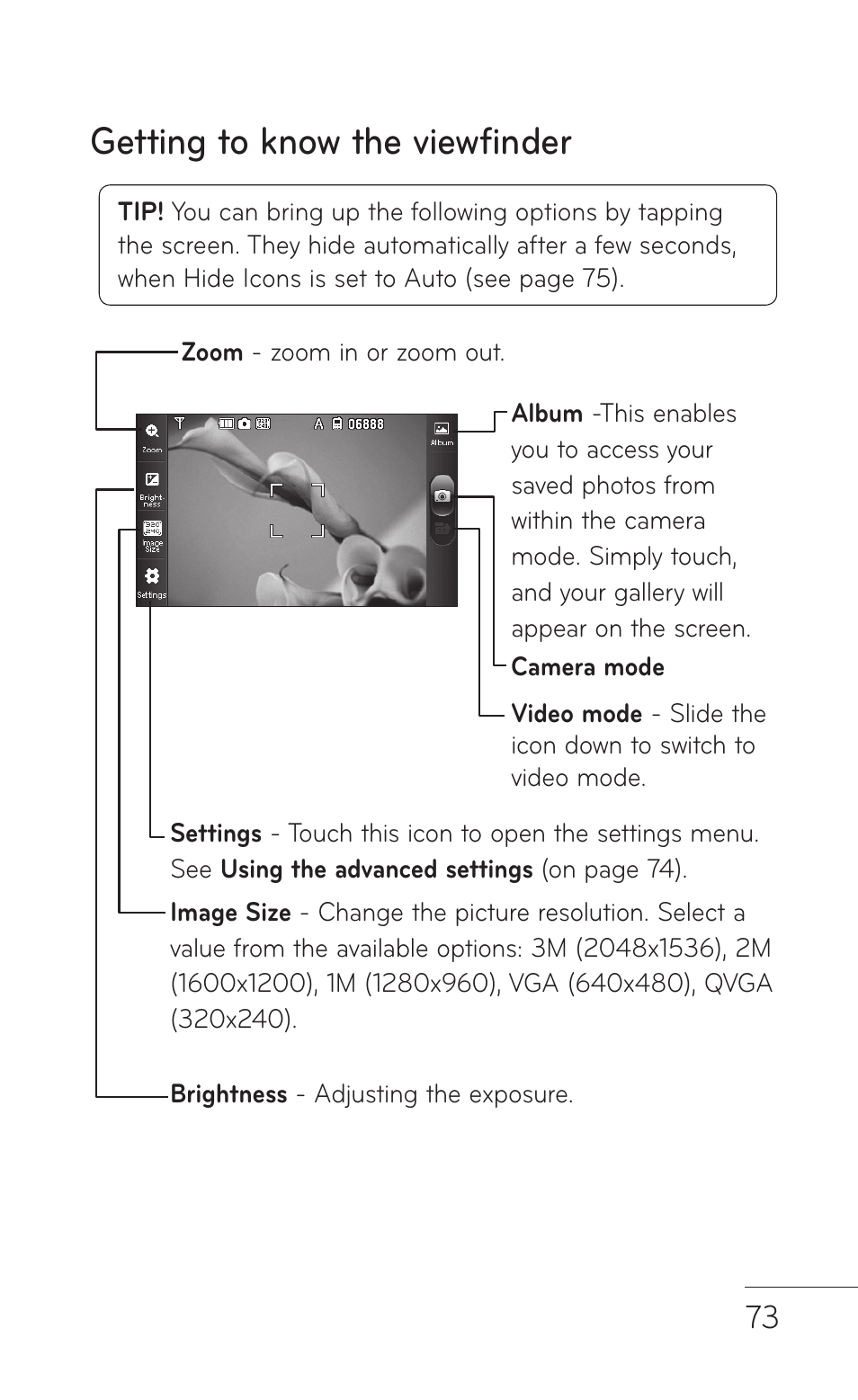 Getting to know the viewfinder | LG GS505NV User Manual | Page 75 / 253