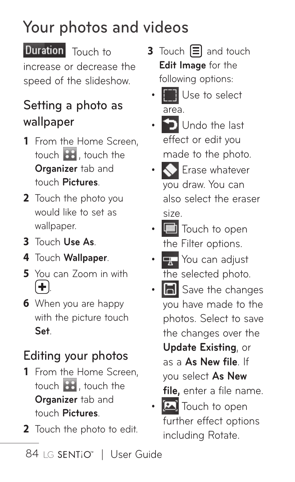 Your photos and videos, Setting a photo as wallpaper, Editing your photos | LG GS505NV User Manual | Page 86 / 253