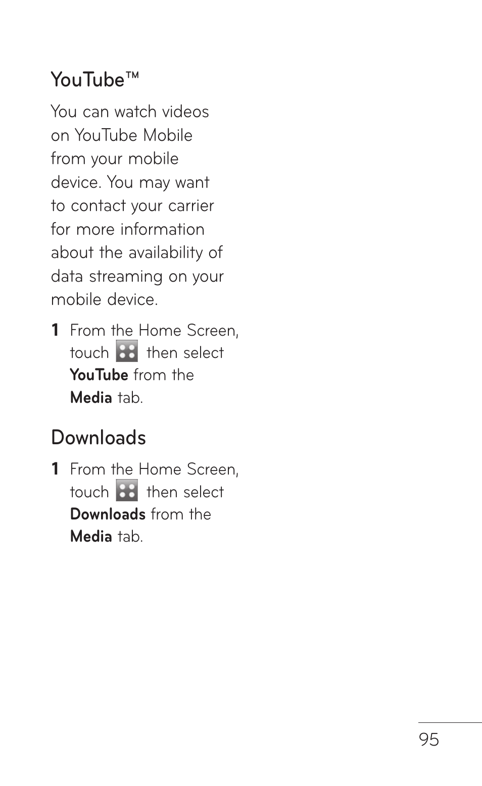 Youtube, Downloads | LG GS505NV User Manual | Page 97 / 253