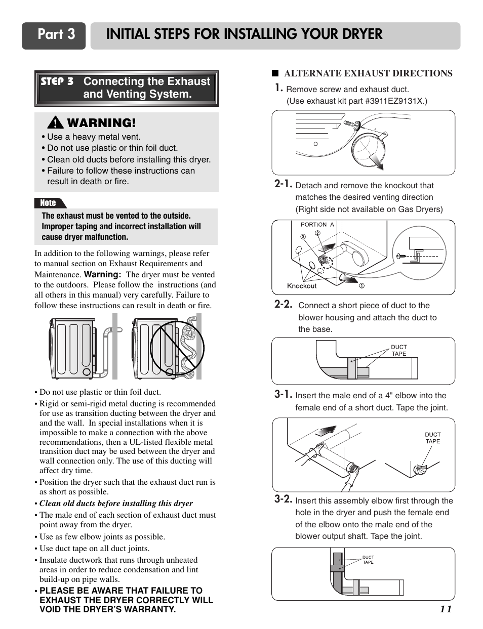 Part 3 initial steps for installing your dryer, Warning | LG DLG3744S User Manual | Page 11 / 68
