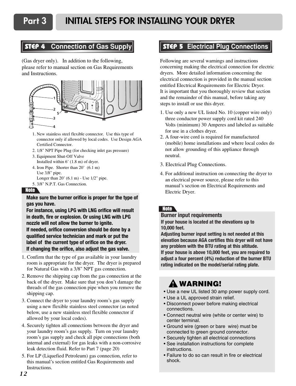 Part 3 initial steps for installing your dryer, Warning, Step 4 connection of gas supply | Step 5 electrical plug connections | LG DLG3744S User Manual | Page 12 / 68