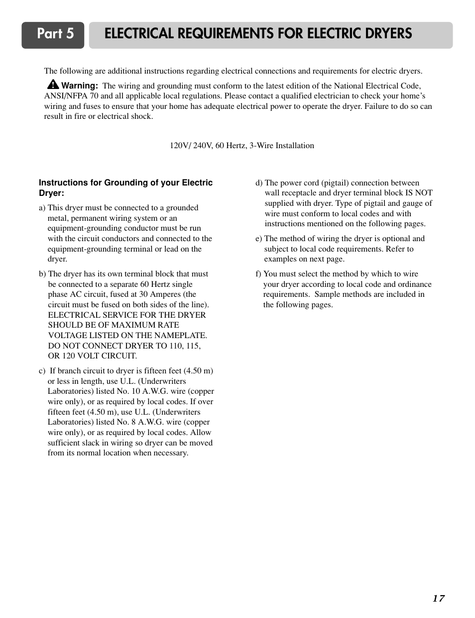 Part 5 electrical requirements for electric dryers | LG DLG3744S User Manual | Page 17 / 68