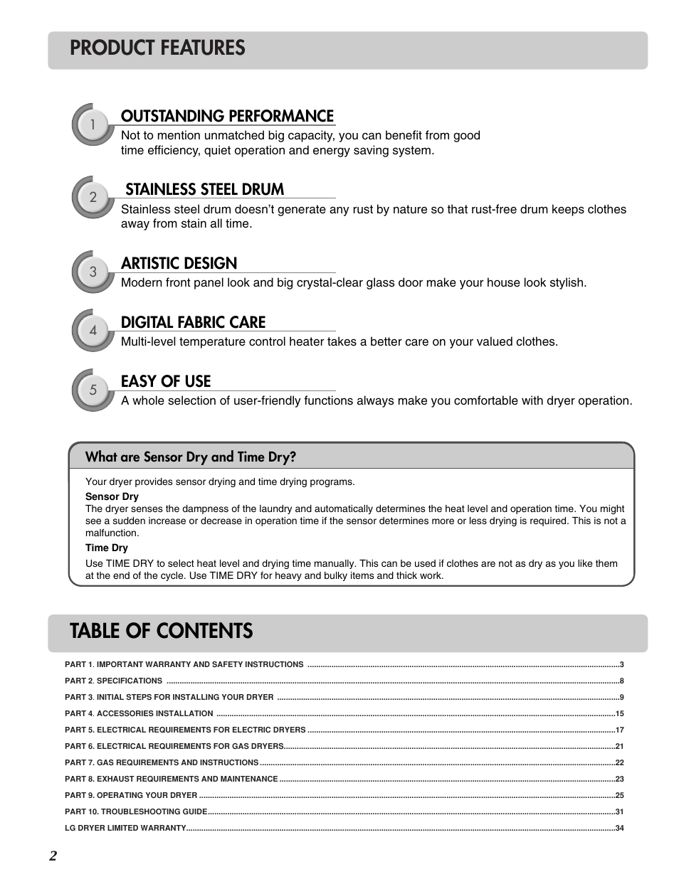 Product features table of contents, Outstanding performance, Stainless steel drum | Artistic design, Digital fabric care, Easy of use | LG DLG3744S User Manual | Page 2 / 68